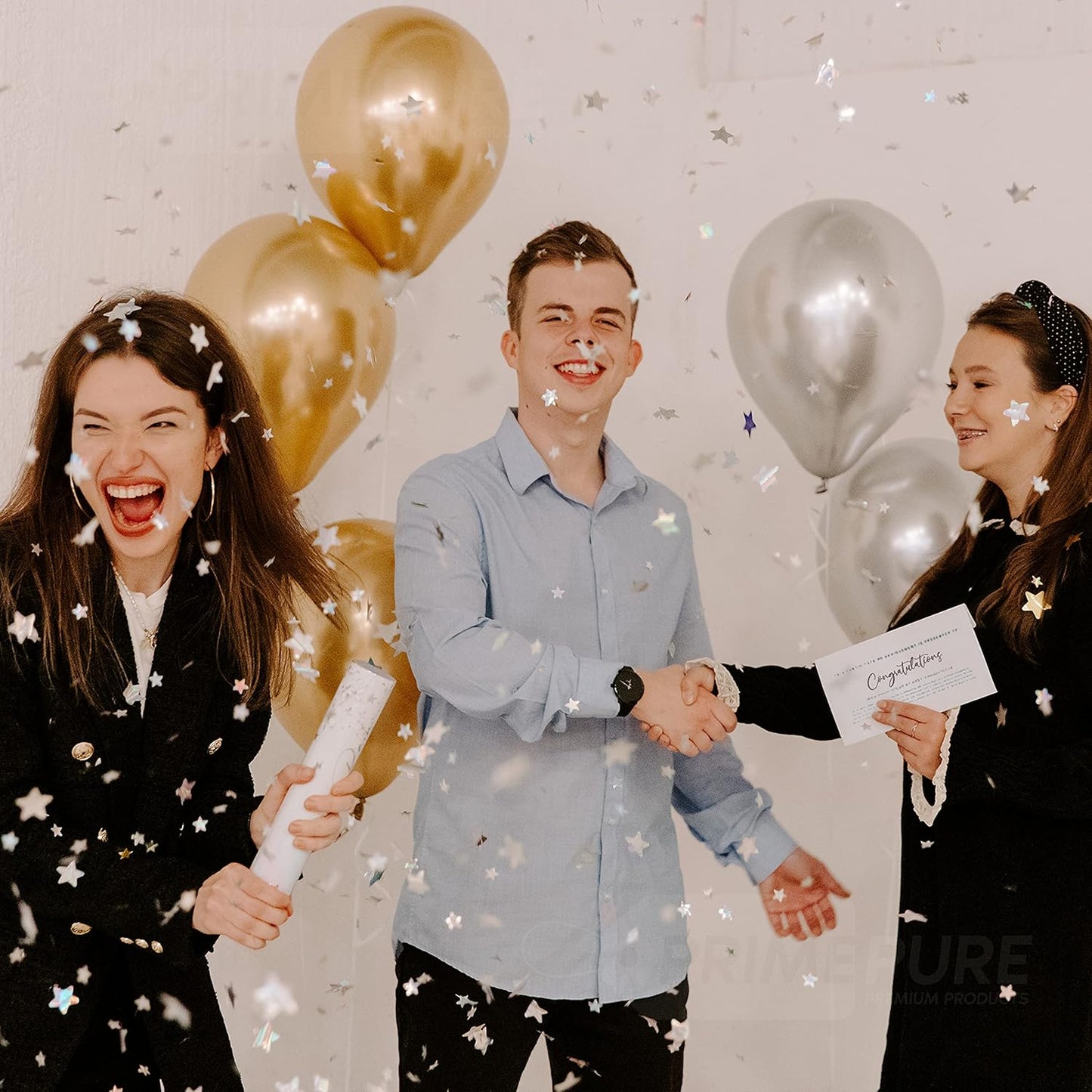 PrimePure Confetti Cannon Party Poppers - Holographic Silver Stars Confetti Popper & Streamer - 6 Pack - Easy-to-Use Party Cannon - Silver Glitter Star Pop Gun for Graduation, Wedding, Birthday, Prank