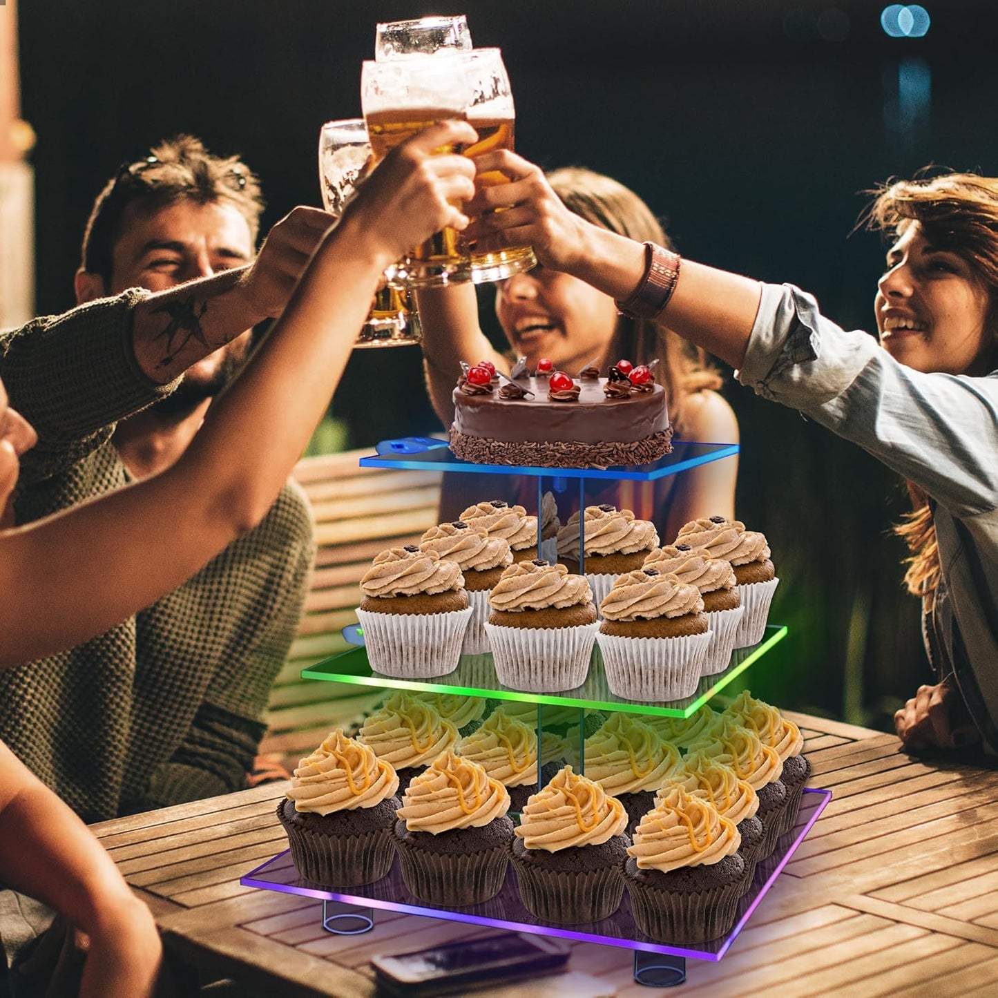 Cupcake Stand for 24 Cupcakes, 3 Tier Cupcake Holder with Rechargeable LED, 7 Colors Light Cupcake Tower, Acrylic Dessert Table Display Set for Weddings, Christmas, Birthday, Parties