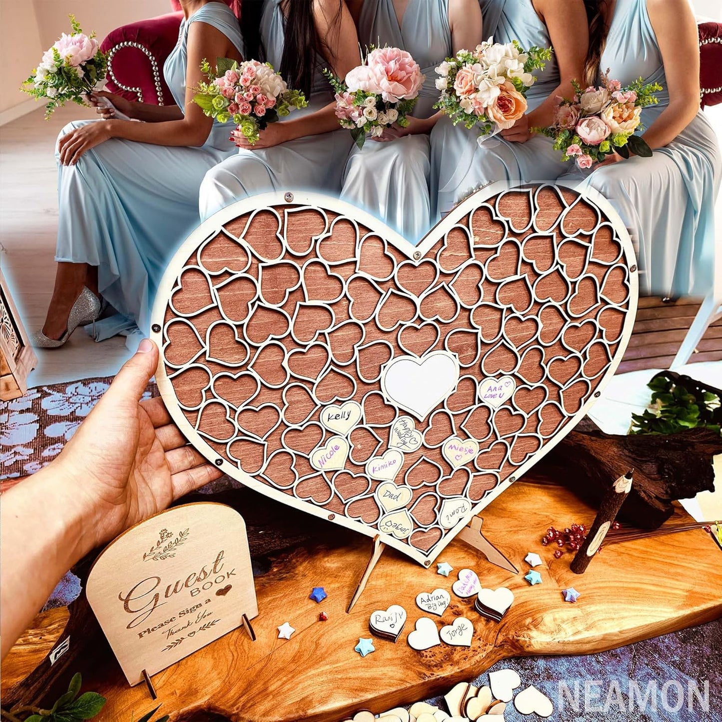 Wedding Guest Book Unique Wooden Heart Alternative GuestBook Bridal Shower Wedding Decoration with 83 Wooden Hearts 1 Sign Pen Set (Reddish Brown)