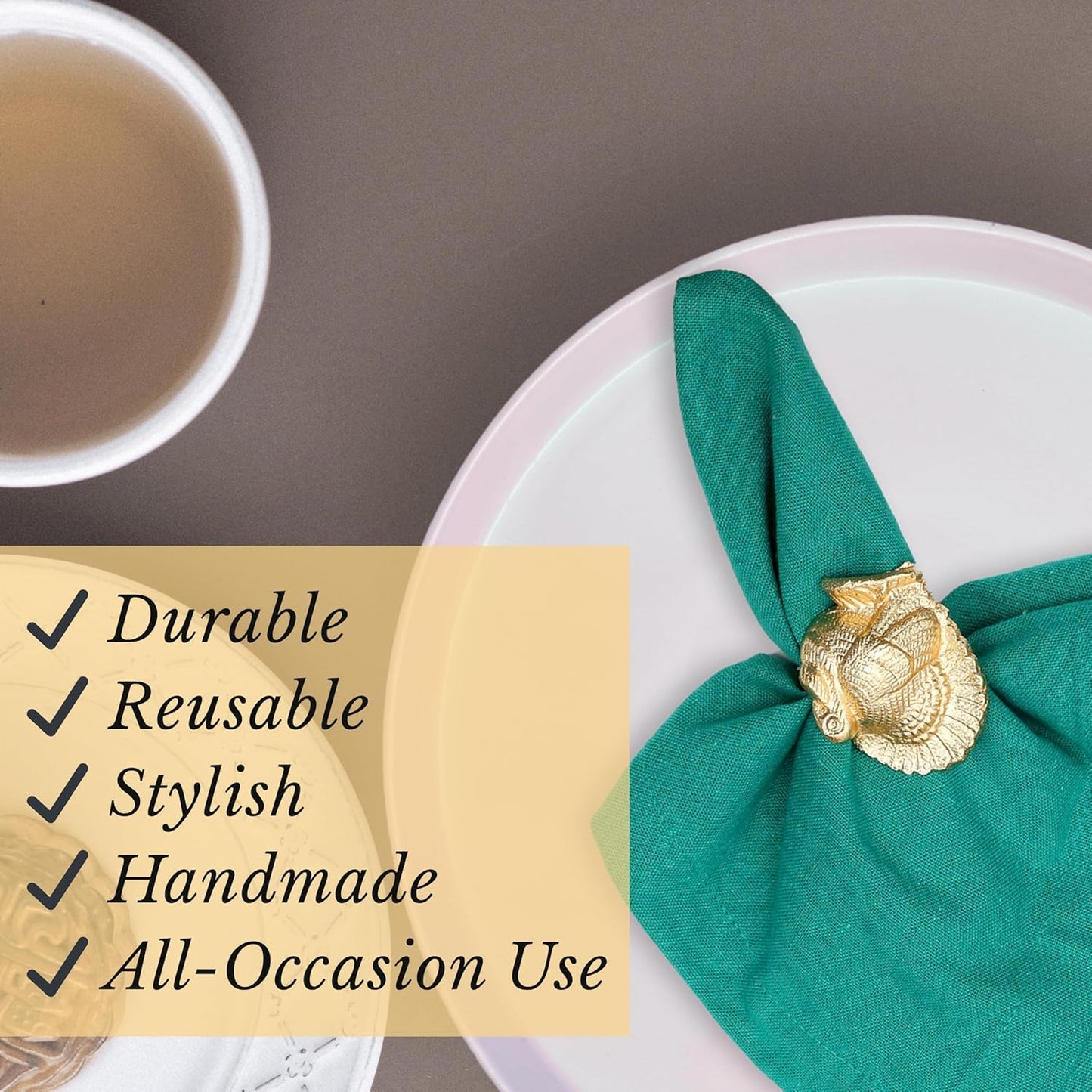 Gold Napkin Rings Set of 12 - Turkey Bird Stylish Metal Lightweight Serviette Holders for Elegant Table Settings | Perfect for Dinner Parties, Holidays, Weddings & Everyday Use - ALPHA Living HOME