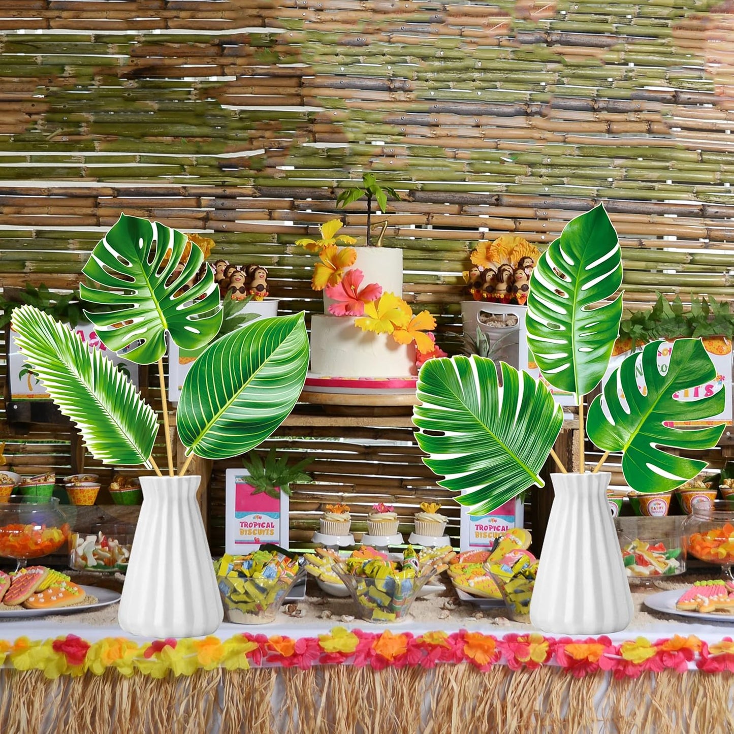 14pcs Palm Leaf Centerpiece Sticks Tropical Party Decorations for Table Green Leaves Theme Centerpieces Hawaiian Luau Party Decorations for Summer Jungle Theme Party Baby Shower Supplies