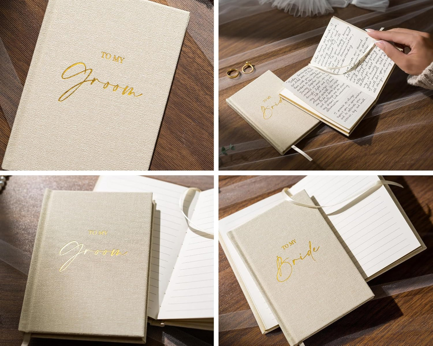 Hard Cover Vow Books (Set of 2) - To My Bride & To My Groom Matching Ivory Pocket Sized Foil Embossed Wedding Ceremony Vow Renewal Speech Notebook Planner, Gift for Bride & Groom Newly Engaged Couple