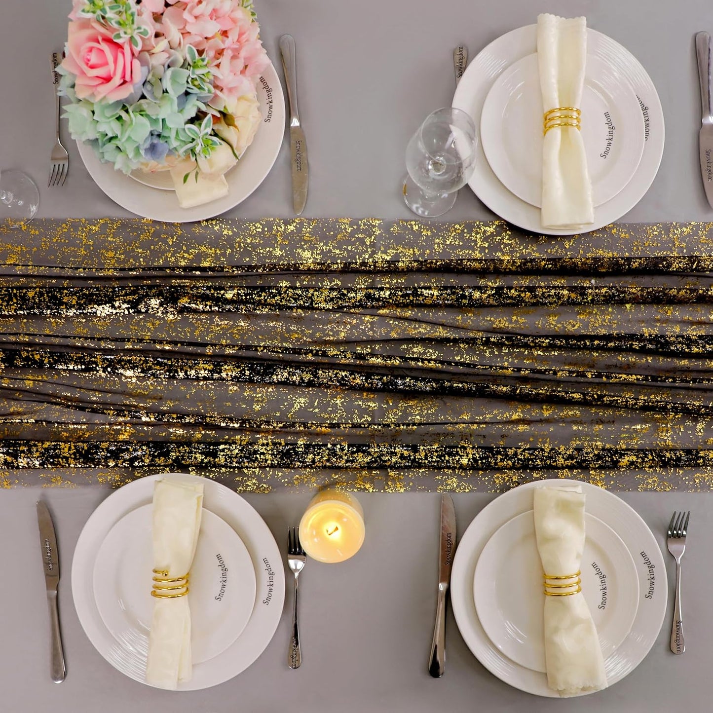 Snowkingdom 6 Pcs Black & Gold Cheesecloth Table Runner 10 FT, Sheer Chiffon Sparkle Gauze Mesh Runners 120 Inch, Glitter Table Centerpieces Decoration for Birthday Party Wedding Christmas Halloween