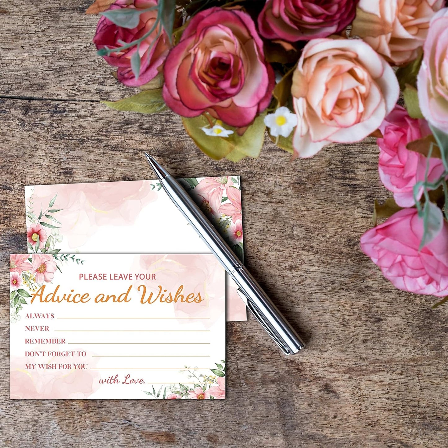 Boho Floral Greenery Advice and Wishes Cards, 25 Pcs Blush Pink Double Sided Advice Cards for The Bride and Groom, Mr and Mrs, Bride Shower, Wedding Reception, Engagement Party(06)