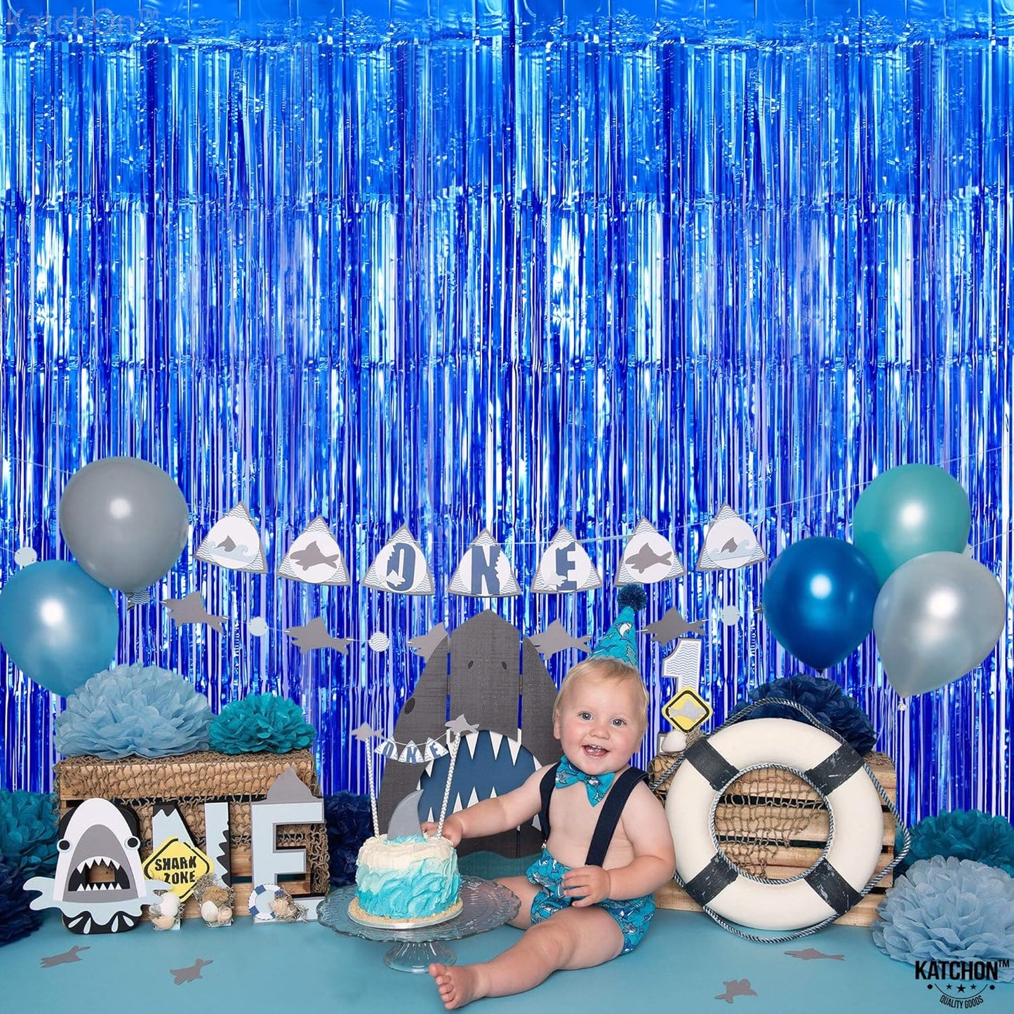 KatchOn, Metallic Blue Backdrop Curtain - Pack of 2 | Blue Streamers for Royal Blue Party Decorations | Foil Fringe Streamers for Under The Sea Party Decorations, Mermaid Bachelorette Decorations