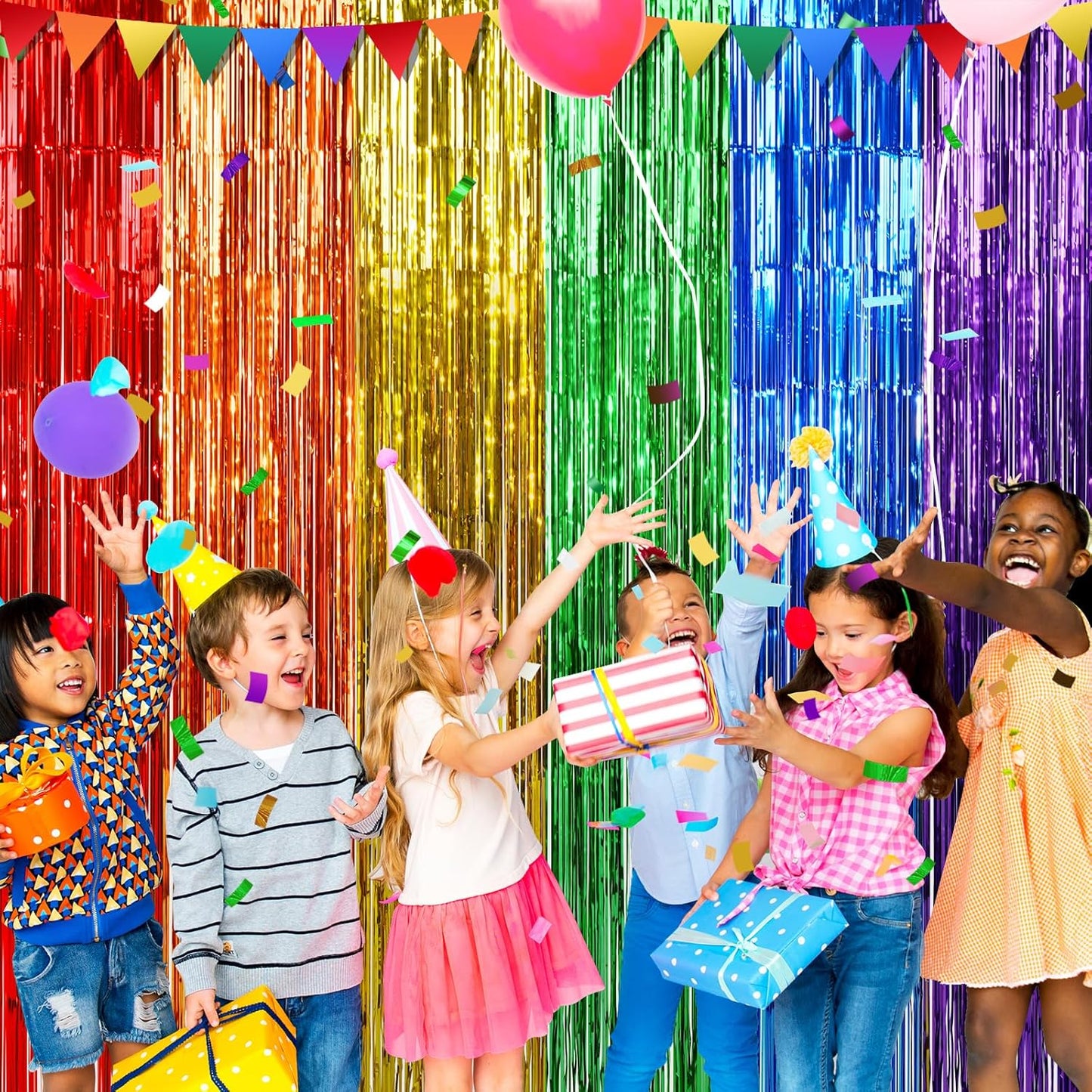 2Pack 3.3X6.6Ft Rainbow Foil Fringe Curtains Backdrop Decorations, Rainbow Metallic Tinsel Foil Streamers Curtain Photo Booth Background for Birthday Wedding Engagement Pride Party Decorations