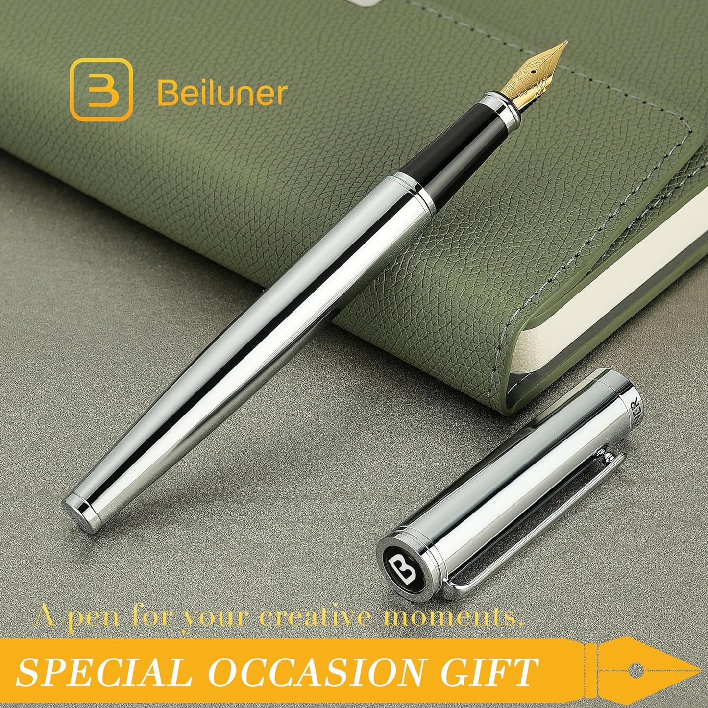 BEILUNER Silver Fountain Pen,Stunning Luxury Pens with Bright Silver Chrome, Gorgeous 24K Gilded Nib(Medium), Fancy Pen Gift for Men&Women -Ink Converter-Elegant, Office,Nice Pen for Writing