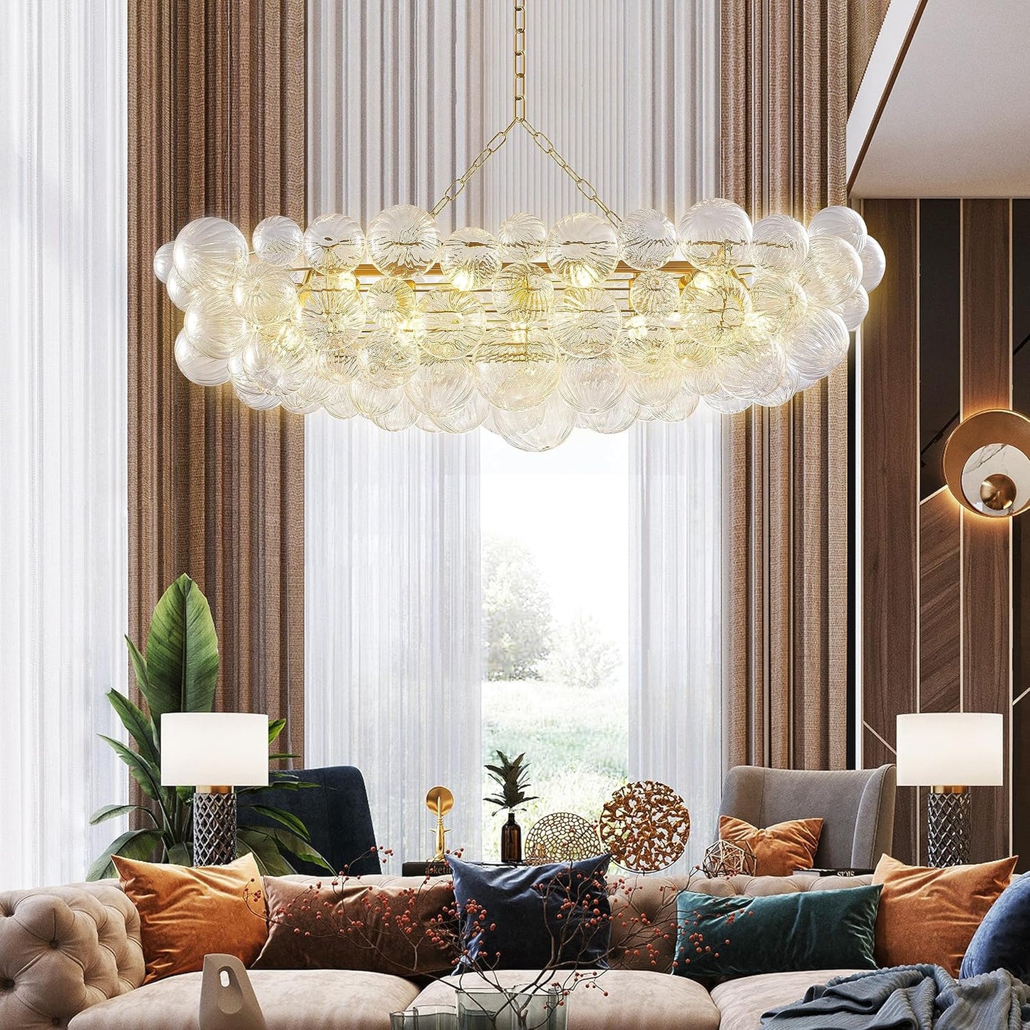 Nordic Bubble Ball Swirled Glass Chandelier, 36" Long Rectangular Chandeliers Island Light Fixture Gold and Clear Blown Glass Large Pendant Light Fixture for Bedroom Study Restaurant Dining Table