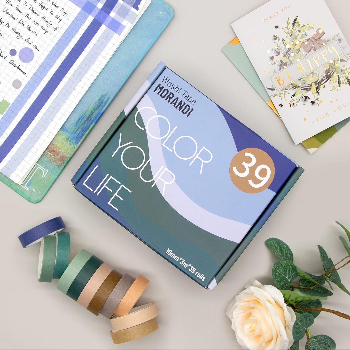Morandi Washi Tape Set – 39 Rolls 10mm Wide Vintage Masking Tape for Journaling, Scrapbooking & Crafts – Soft Neutral Aesthetic Colors for Planner, DIY & Gift Wrapping