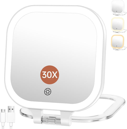Compact Travel Makeup Mirror with Lights, 1X/30X Double-Sided Magnifying Mirror, 3 Color LED Lighting, Rechargeable Folding Portable Vanity Mirror for Women (White)