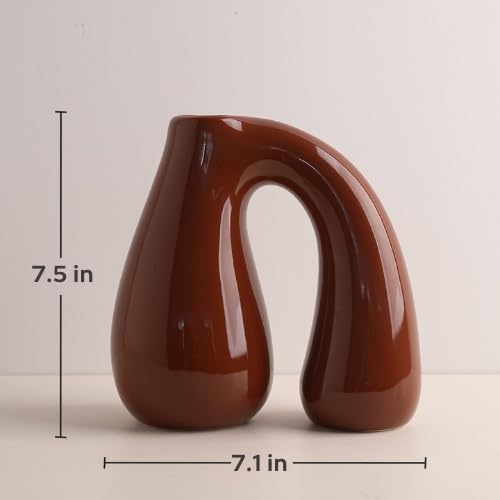 Brown Ceramic Vase – Glossy Modern Sculptural Décor, Arch Handle Artistic Design, Warm Earth-Tone Accent for Table, Shelf, or Entryway (7.5 in, Holds Water)