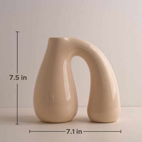 White (Ivory) Ceramic Vase – Glossy Modern Sculptural Décor, Arch Handle Artistic Design, Premium Minimalist Accent for Table, Shelf, or Entryway (7.5 in, Holds Water)