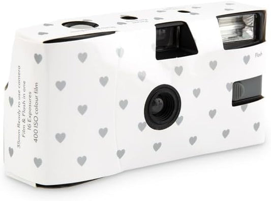 Weddingstar Disposable Camera with Flash - Single Use 35mm Film Camera for Wedding or Party Favors - Silver Hearts