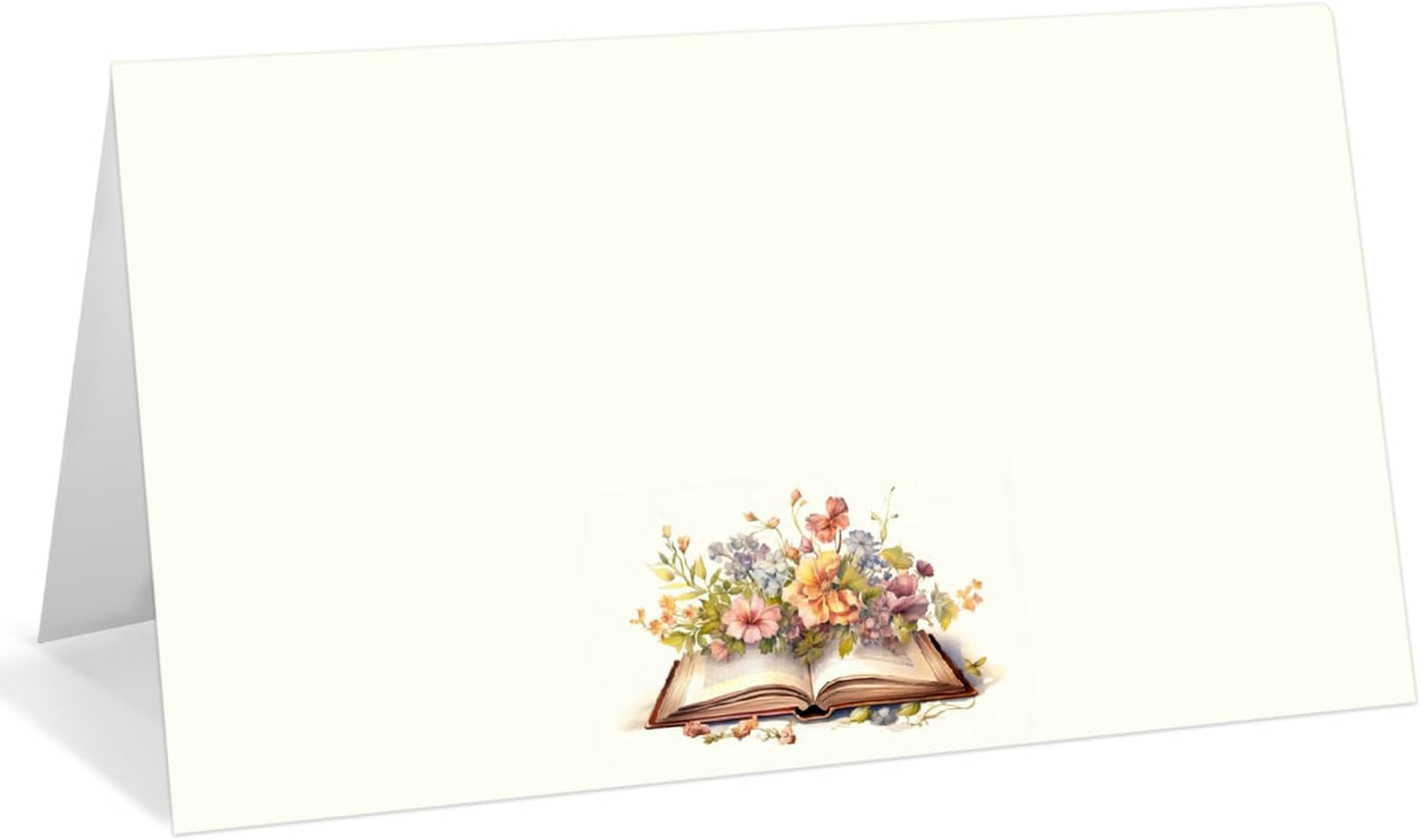 25 Pack Floral Book Theme Place Cards, Editable Name Cards for Table Setting, Tent Cards Food Label for Dinner Party, Bridal Shower, Wedding, Baby Shower and Events -T04
