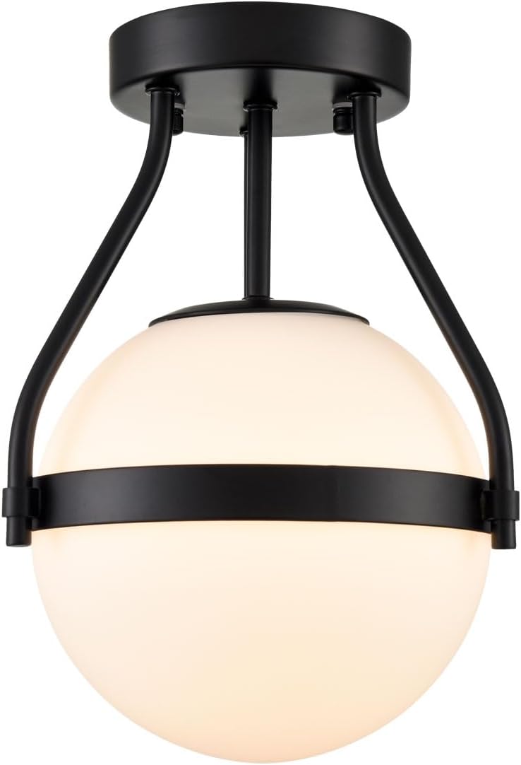 HOLKIRT Modern Globe Semi Flush Mount Ceiling Light,Black Ceiling Light Fixture with Opal Glass 7Inch/18CM,Mid Century Kitchen Light Fixtures Hallway Light Fixtures Ceiling for Bedroom Kitchen