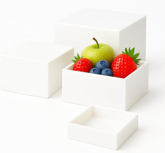 Buffet Risers 4-Pack – White Acrylic Cube Display Stands, Seamless Thick Acrylic Table Risers with Mini Sign Kit, Nesting Dessert, Party, Charcuterie & Retail Displays