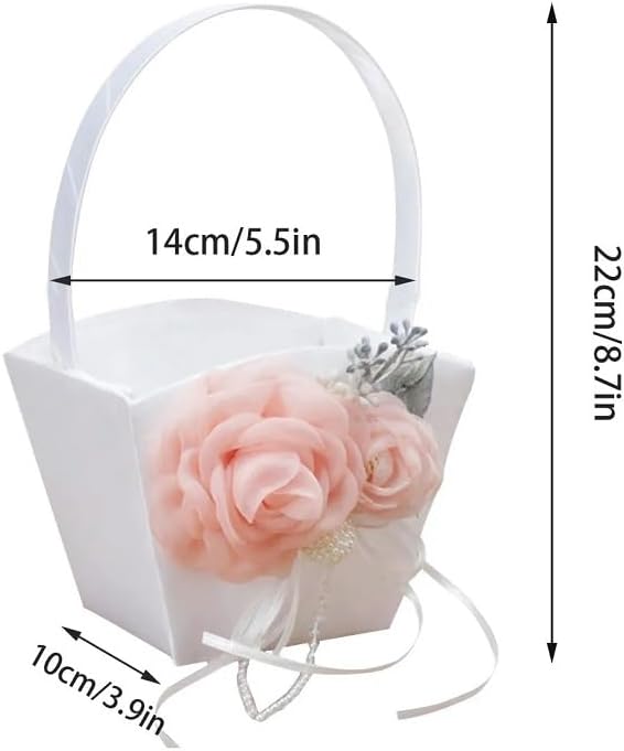 The Crafty Owl 2 Heart Rhinestones Ivort/Blue, Red, Purple, Black Trimming, Burlap,Pink Flowers or Champagne Satin Wedding Ring Bearer Pillow and Basket Set (White Lace Pink Flower Rectangular)