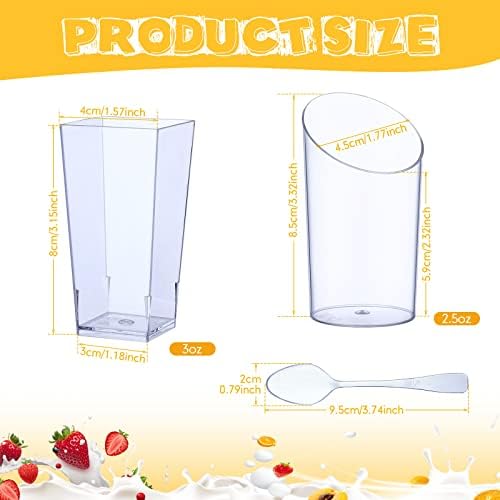 Nuogo 200 Pcs Mini Dessert Cups with Spoons Include 3 oz Square Plastic Appetizer Cups 2.5 oz Slanted Round Parfait Shooter Cup Small Clear Mousse Pudding Cup for Wedding Baby Shower Birthday Party