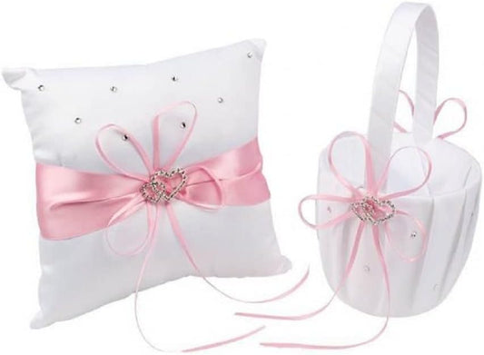 The Crafty Owl 2 Heart Rhinestones Ivort/Blue, Red, Purple, Black Trimming, Burlap,Pink Flowers or Champagne Satin Wedding Ring Bearer Pillow and Basket Set (White with Pink Trimming)