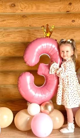 Large 40 Inch Pink Crown 3 Number Balloon, 3 13 23 30 33 36 38 Pink Crown Birthday Party Decorations, Numbers Three Foil Balloons for Anniversary Party Graduations Celebration Supplies