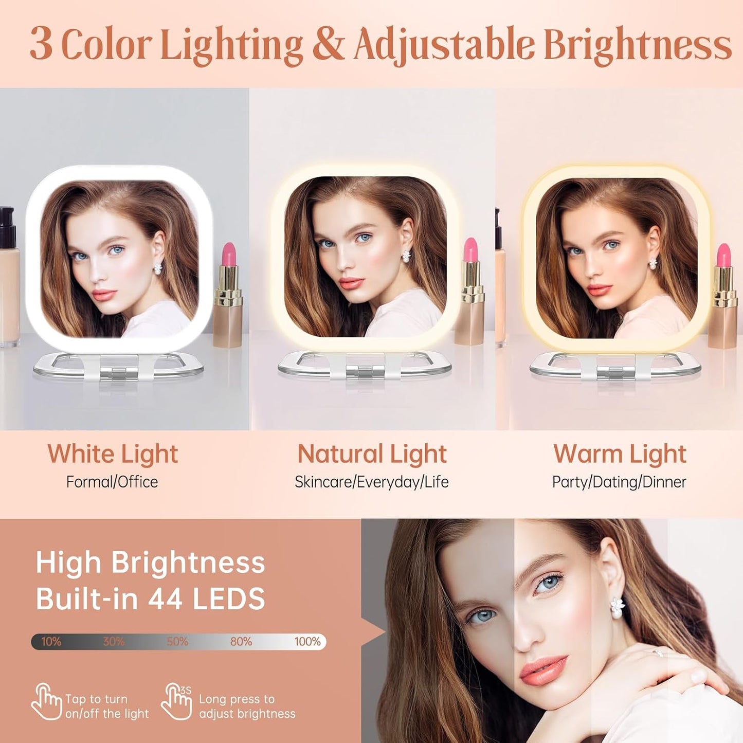 Compact Travel Makeup Mirror with Lights, 1X/30X Double-Sided Magnifying Mirror, 3 Color LED Lighting, Rechargeable Folding Portable Vanity Mirror for Women (White)