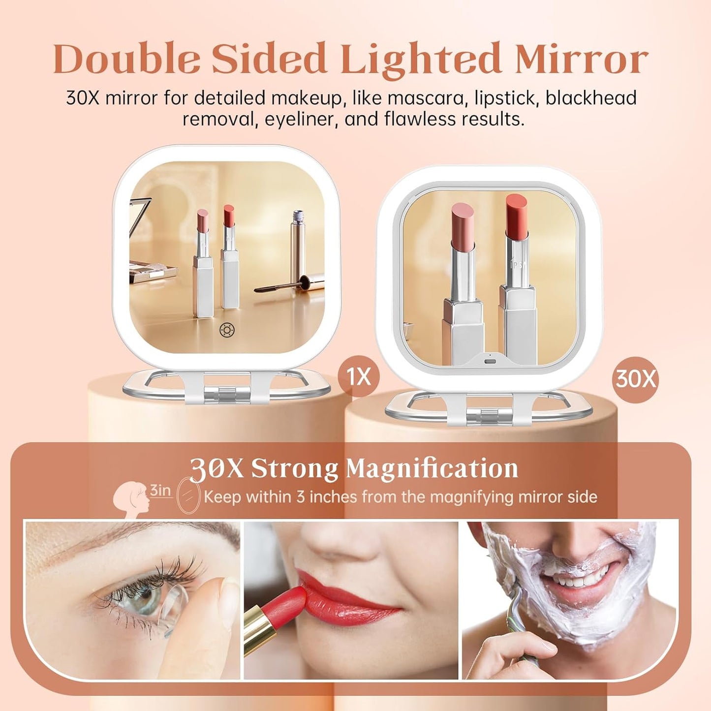 Compact Travel Makeup Mirror with Lights, 1X/30X Double-Sided Magnifying Mirror, 3 Color LED Lighting, Rechargeable Folding Portable Vanity Mirror for Women (White)