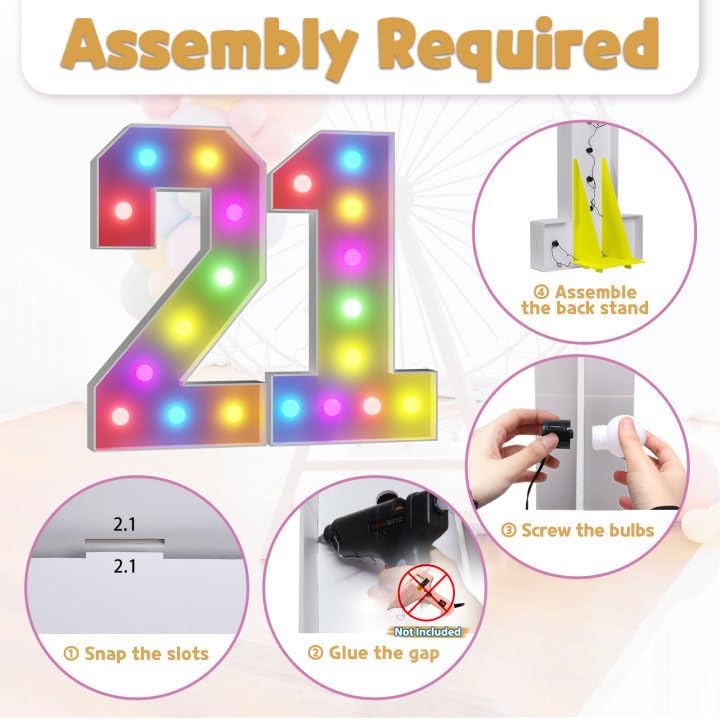 Marquee Numbers Colorful 21st-Birthday Decoration: 4FT Large Light Up 21 Year Old Birthday Decorations Anniversary Backdrop for Him Her Cardboard White Sign 18 Colors Number 21 Mosaic Balloon Frame