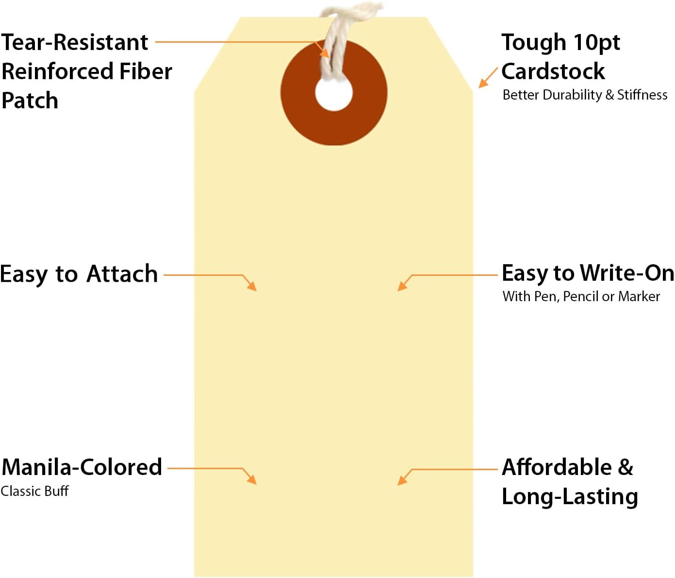 SmartSign Blank Shipping Tags with Pre-attached Loop Strings, Size-2, Pack of 1000, 10pt thick Manila Cardstock Tag, 3.25 x 1.625 inch Paper Hang Tags with Reinforced Fiber Patch