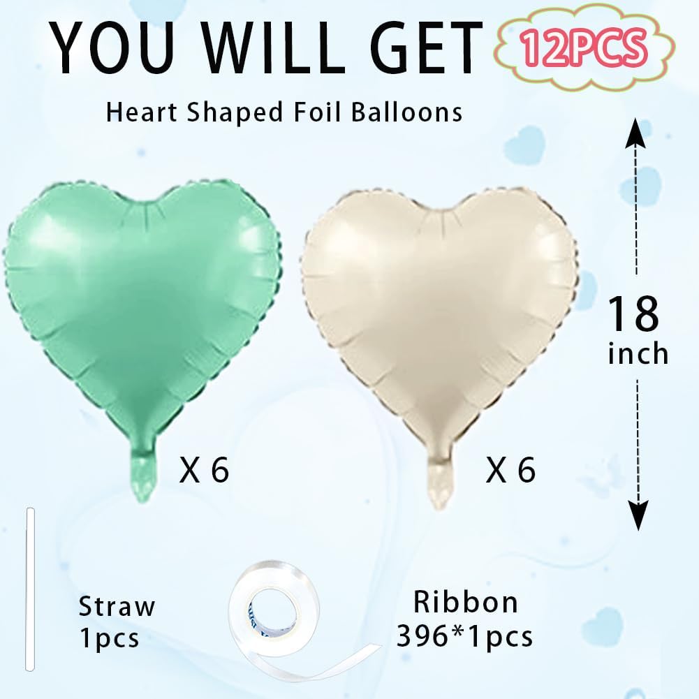 Baby White Heart Balloons，18 Inch Light Green Helium Foil Love Heart Shaped Balloons for Anniversary Wedding Engagement Birthday Party Baby Shower Valentines Decorations(12Pcs)