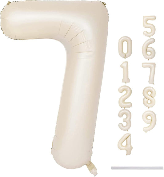 40'' Beige Number 7 Balloons, Giant Self Inflating Cream Foil Number Balloons Set 0-9, Large White Sand Digital 7 Helium Balloon for Girls Boys 7th Birthday Party Decorations Anniversary Supplies