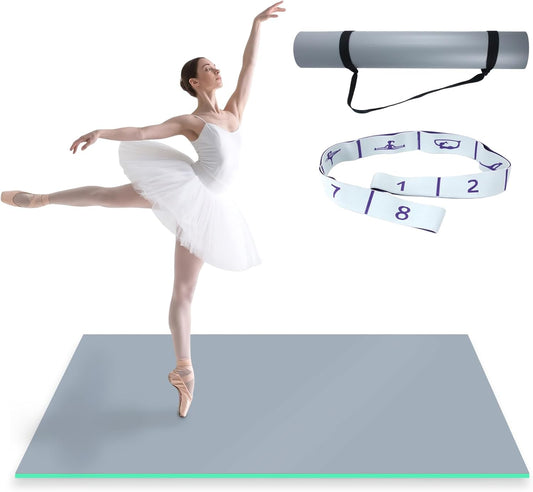 Dance Floor Mat Non-Slip with Shoulder Strap Portable and Dance Resistance Band, Dance Floor for Ballet,Jazz, Pop Thick PVC Practice Floor Reusable Mat (Gray-Green, 180cm*91.5cm*0.35cm)