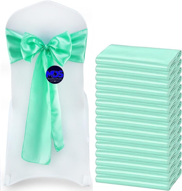 MDS Pack of 10 PCS Satin Chair Sashes Charmeuse Sateen Dining Chair Bows Ribbon Ties Back Sash for Wedding Party Birthday Home Hotel Restaurant Banquet Decoration (7 x 108 Inch, Mint)