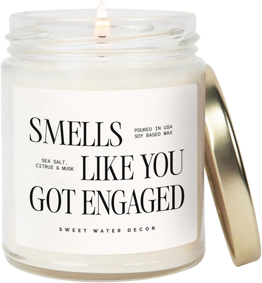 Sweet Water Decor Smells Like You Got Engaged Candle, Engagement Gift for Bride-to-Be Bridal Shower, 9oz Soy Candle with Gold Lid, Non-Toxic, Sea Salt Citrus Musk Amber Scent, Engagement Decorations