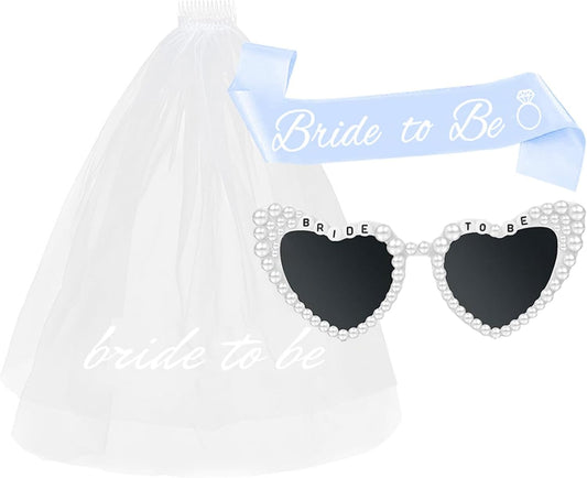 3PCS Bride To Be Veil White Print Bridal Veils Bride Sash and Pearl Sunglasses for Bachelorette Party