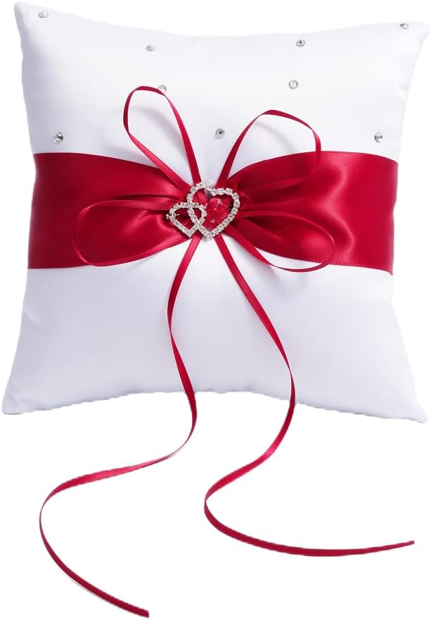 QIRMIZI Ring Pillow, Pearls Ring Cushion, Ring Bearer Holder for Beach Wedding & Ceremony, Proposal - Red