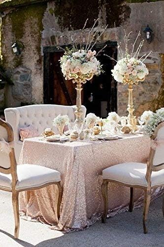 QueenDream Sequin Tablecloth 90"x132" Champagne Blush Party Tablecloth Rectangular Seamless Sequin Table Cloth Glitter Wedding Birthday Bridal Shower Decorations
