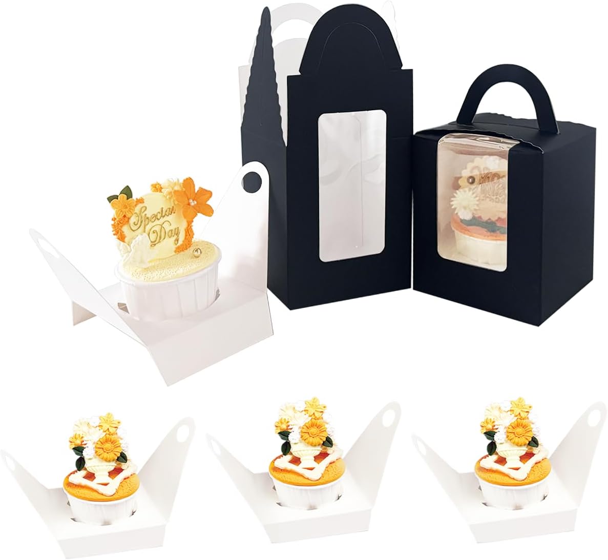 Bakepacker Auto-pop up Individual Cupcake Boxes with Window 60 Count Black Single Cupcakes Box 3.6 x 3.6 x 4.3inch Cupcake Carrier