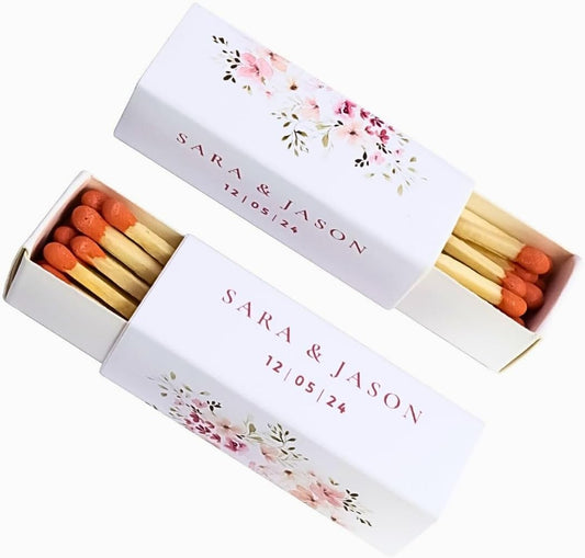 10 Boxes - Customized Matchboxes Colorful Tips (Wedding Design #5, 4" Matchboxes) (2" Matchsticks, Wedding Design #1)
