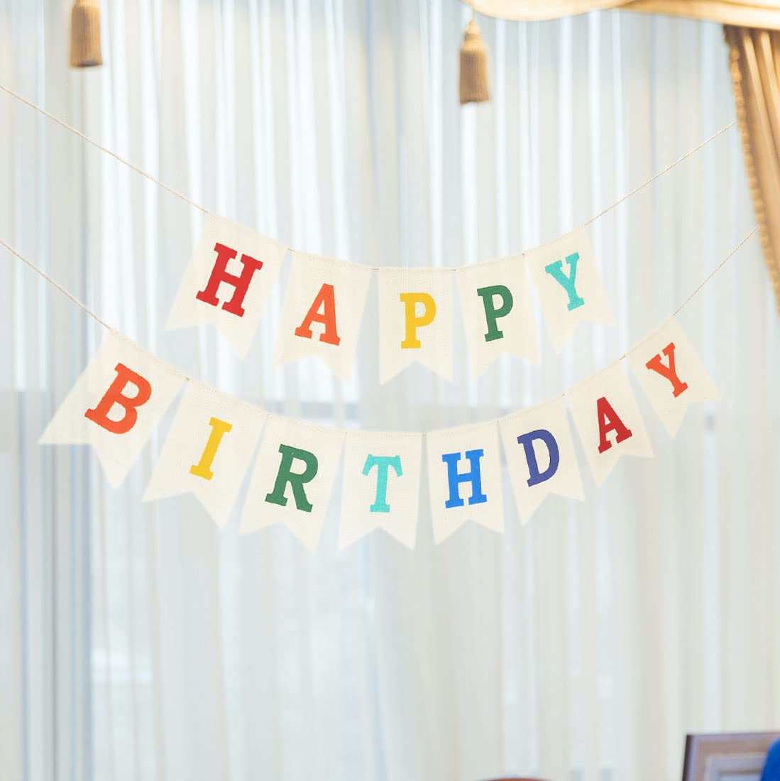 Burlap Happy Birthday Banner, Assembled Birthday Banner Sign Garland for Colorful Birthday Party