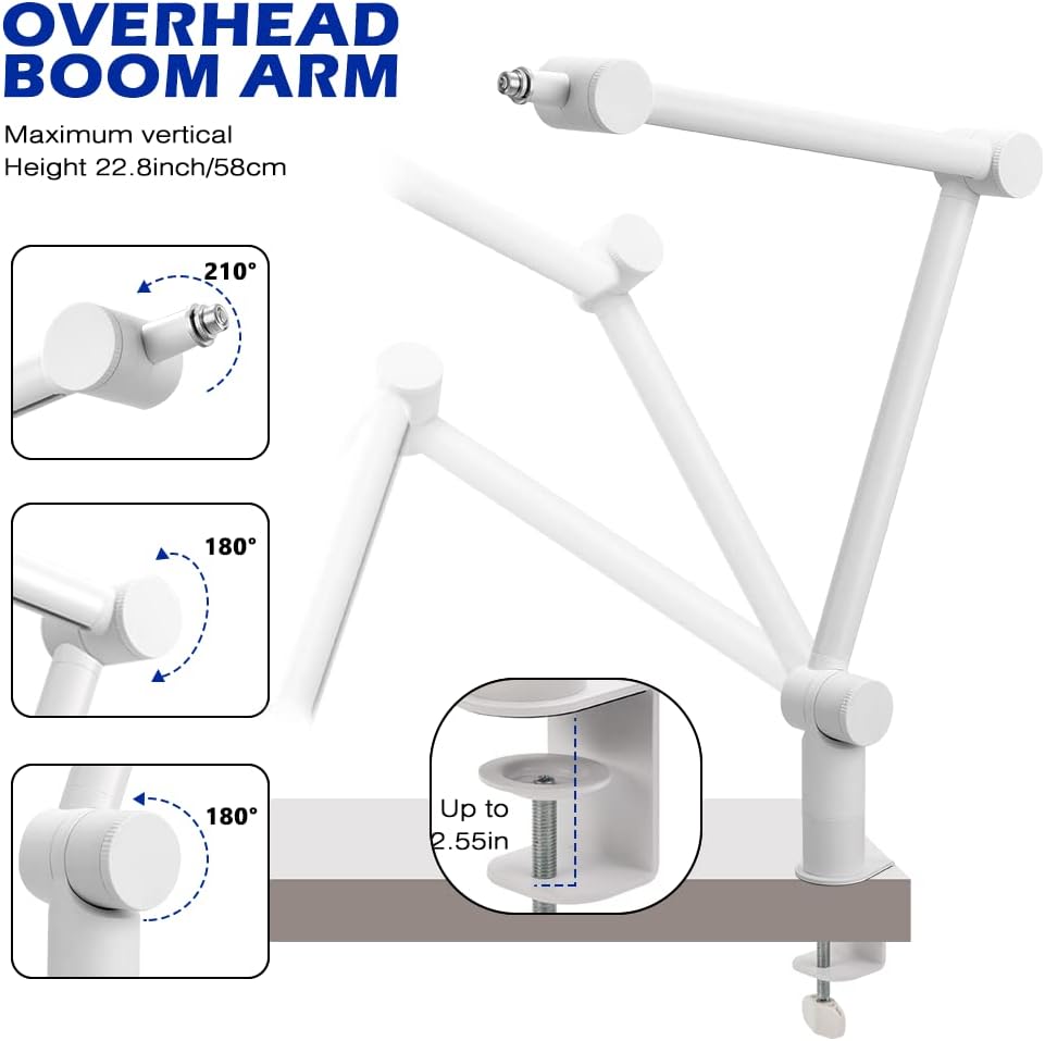 BOMGE Boom Arm Mic Stand - Adjustable Heavy Duty Suspension Boom Scissor Arm Stand with Cable Management Channels, Desk Clamp for Podcasts, Streaming, Gaming, Home Office, Recording (White)