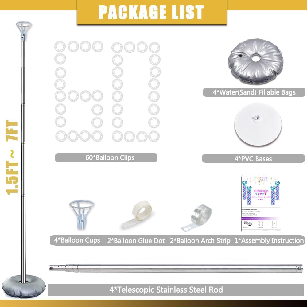 GIMCALO Balloon Column Stand Kit Set of 4, 7ft Height Adjustable Balloon Arch Kit with 2 Ballon