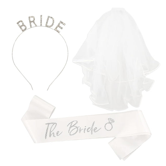 MVVM Bride Sash and Bachelorette Sashes Set | 3-Piece Bridal Headband with Tiara Veil, Sash, Veil for Bride to Be - Wedding Shower, Bachelorette Party