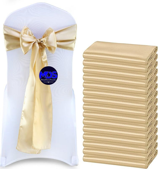 MDS Pack of 300 PCS Satin Chair Sashes Charmeuse Sateen Dining Chair Bows Ribbon Ties Back Sash for Wedding Party Birthday Home Hotel Restaurant Banquet Decoration (7 x 108 Inch, Champagne Gold)