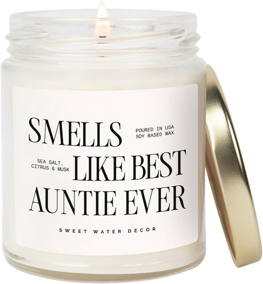 Sweet Water Decor Smells Like Best Auntie Ever Candle 9oz, Non-Toxic Soy Wax, Glass Jar with Gold Lid, Sea Salt Citrus Scent, Gift for New Aunt, Pregnancy Reveal, Baby Shower, Birthday & Mother’s Day
