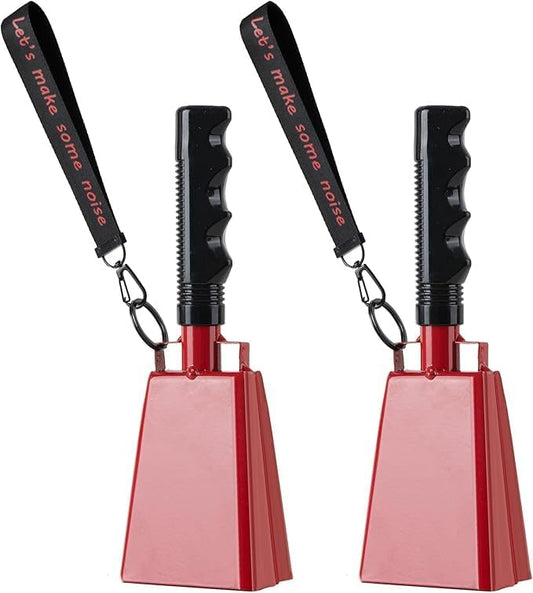 Cow Bells Noise Makers with Handle: Cowbells Hand Percussion for Sporting Events with Wrist Strap - 2pcs 8 Inch Large Loud Cheering Bell for Football Games Graduation (Red)