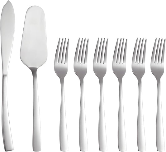 Cake Knife and Server Set with 6 Cake Forks Heavy Duty Thickened 18/0 Stainless Steel Pie Spatula with Comfortable Handle Cake Cutting Set for Wedding (Silver)