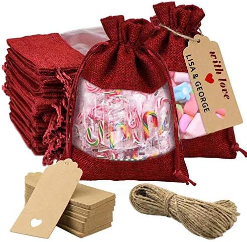 GIOIPC 50Pcs 5 x 7 Inch Linen Burlap Sheer Bags with Drawstring and Bonus Gift Tags for Wedding Birthday Bag,Craft Bags,Cosmetic Samples