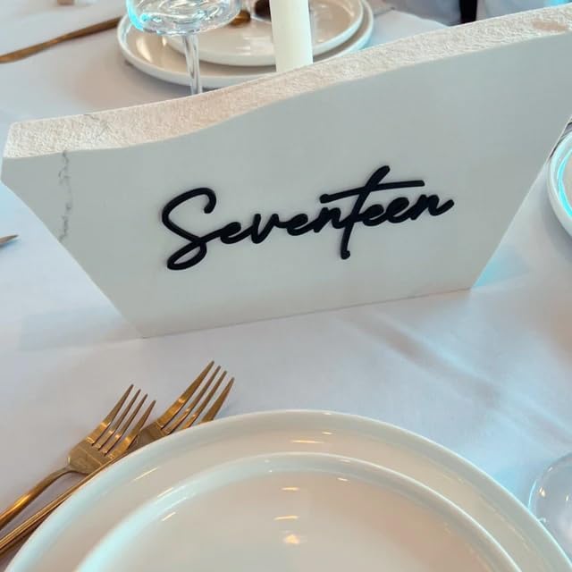 Cursive Wedding Table Number SET, DIY thin modern Black or White acrylic cutouts with silicone glue included. Words only, no backing (One - Twenty, Matte Black)