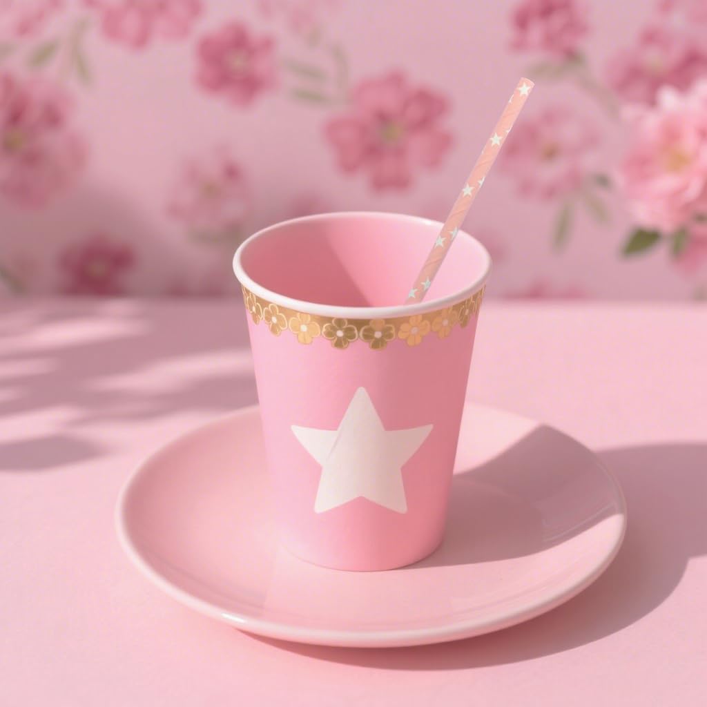 Pink Straws Disposable Biodegradable Star Paper Straws for Cocktail, Coffee, Juice, Lemonade, 100 Pack, 7.75" x 0.24"