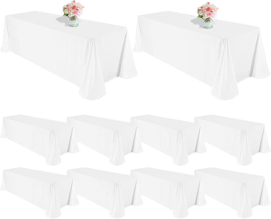 10 Pack Polyester Tablecloths, White 90 x 156 Inch Polyester Table Cloth for 8 Foot Rectangle Tables, Stain and Wrinkle Resistant Washable Fabric Table Cover for Wedding Banquet Restaurant Party